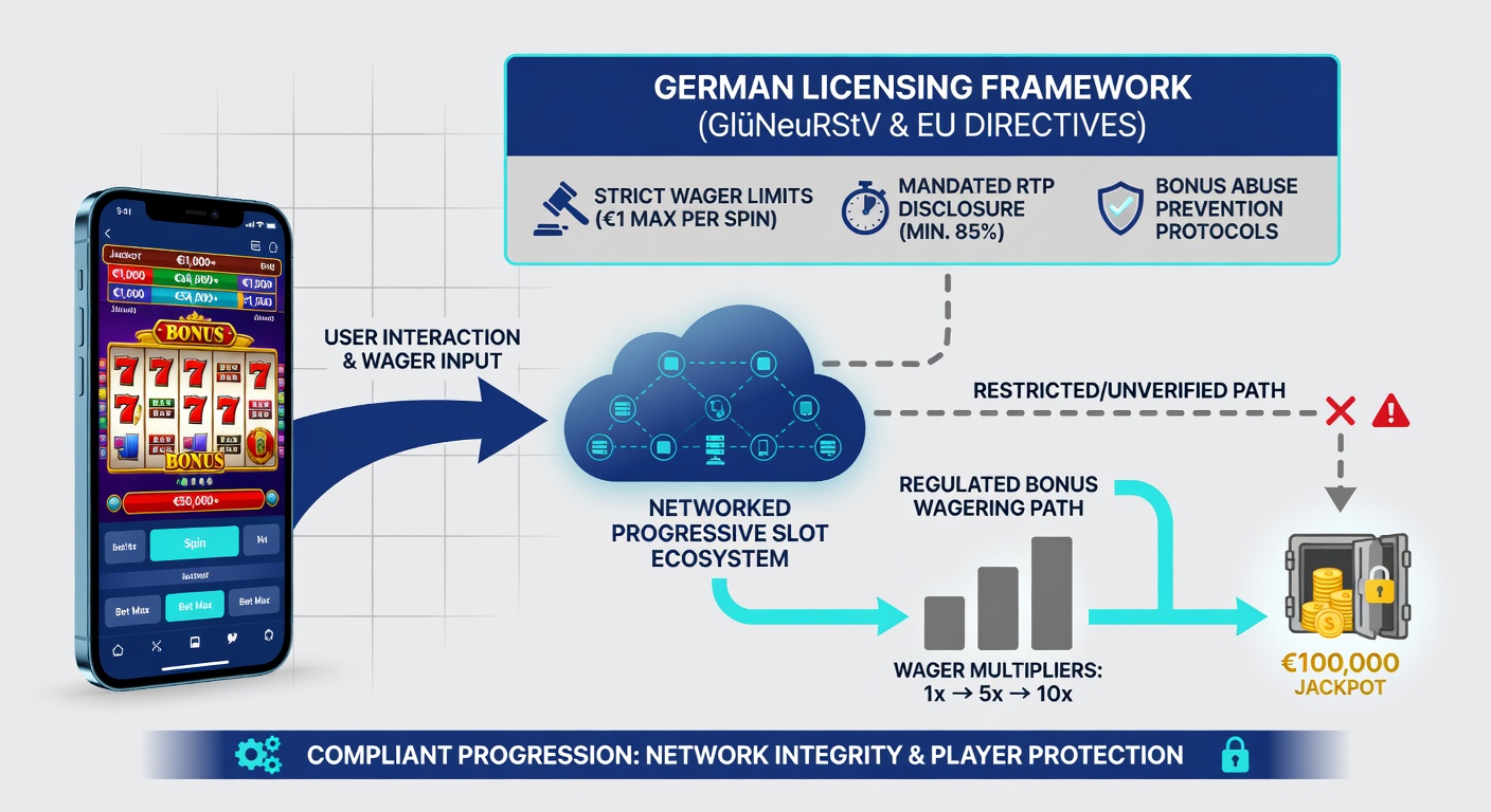 Darstellung vernetzter mobiler Progressivslot-Systeme und Bonus-Pfade