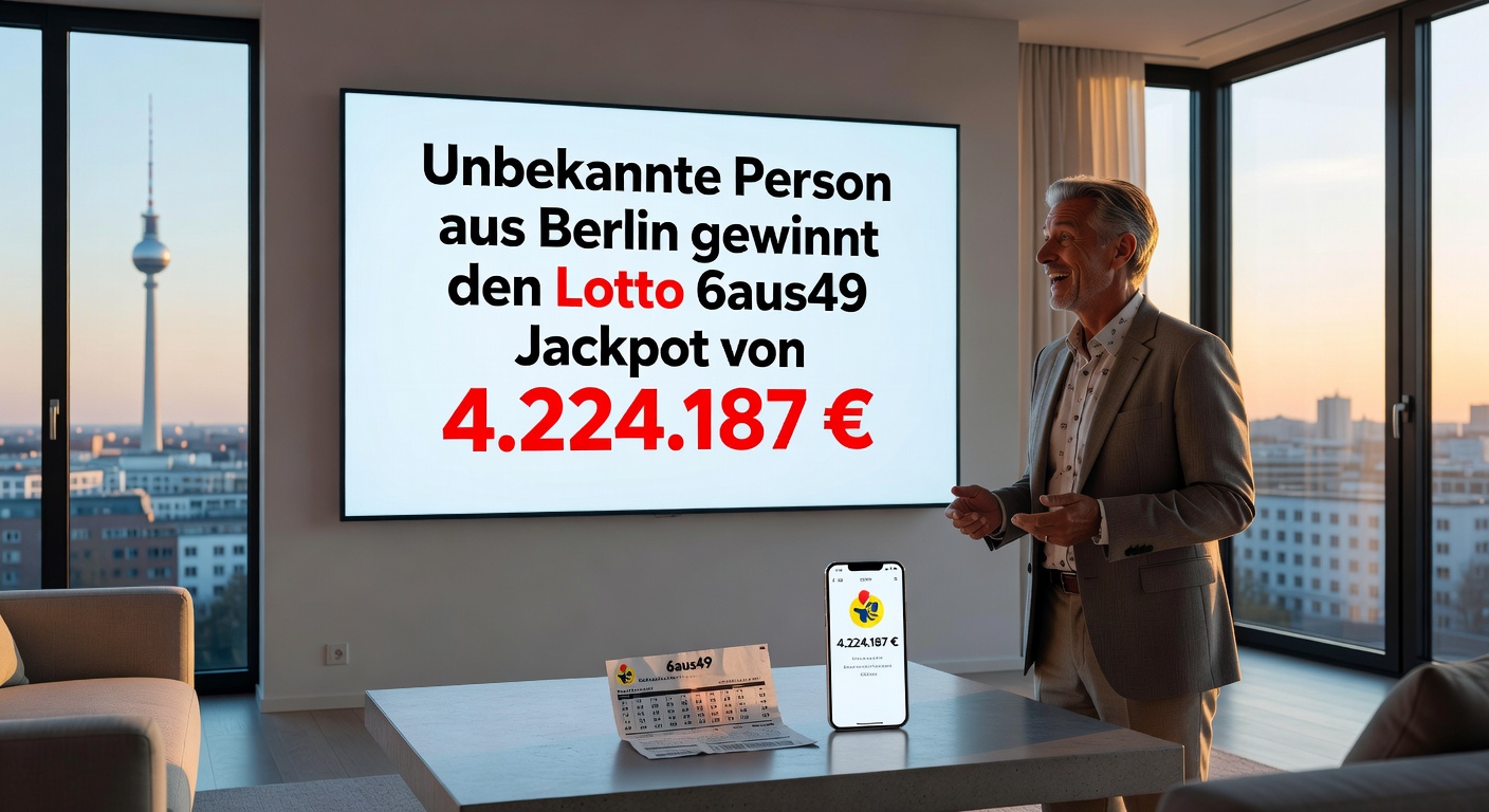 Berliner Lottogewinner-Symbolik mit Geldschein-Haufen und 6aus49-Kugeln vor Brandenburger Tor