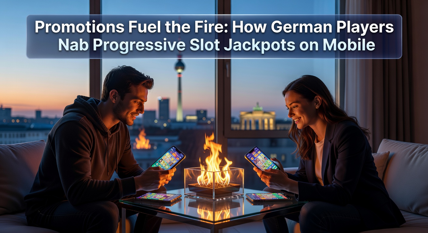 Deutscher Spieler mit Smartphone vor progressivem Slot-Jackpot, der explodiert, symbolisiert durch feurige Promotion-Effekte